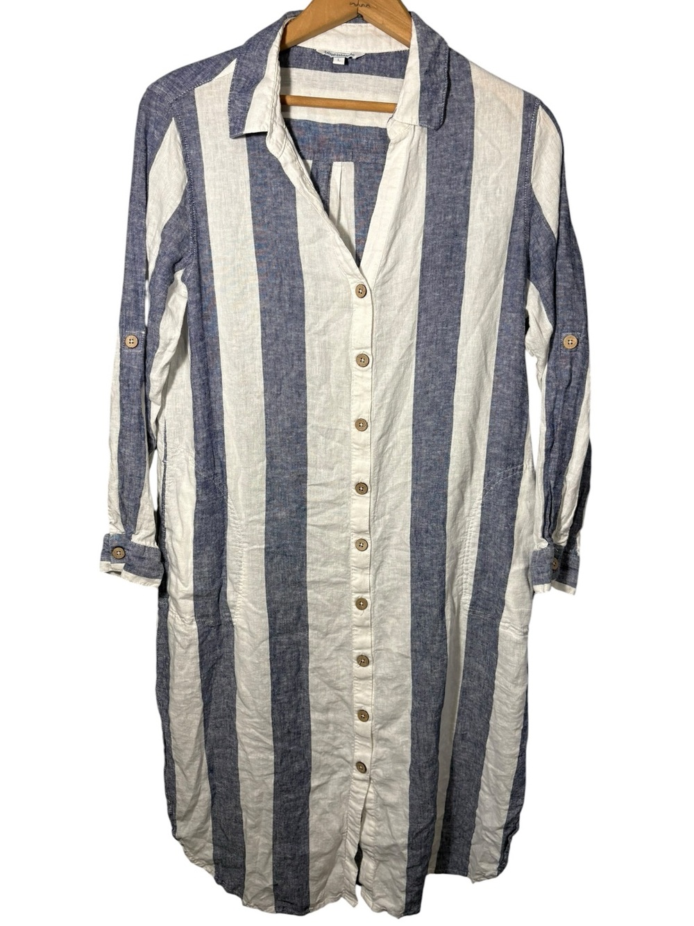 BLUE ISLAND | Blue and White Striped Button-Front Linen Shirt Dress L Coverup - Picture 3 of 14